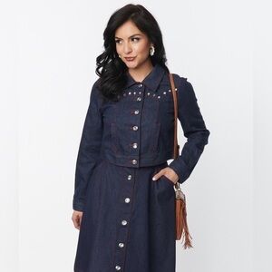 NWT XL Western Dark Denim Crop Jacket Rhinestone Dolly Retro Accented Yoke